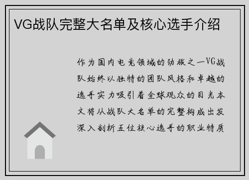 VG战队完整大名单及核心选手介绍